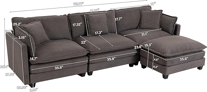 Eafurn Oversized Reversible Modular Sectional Sofa with Movable Ottoman, Convertible L Shaped Corner Couch Modern Chenille Sofa Set w/Double Layers Seat Cushions for Living Room Apartment