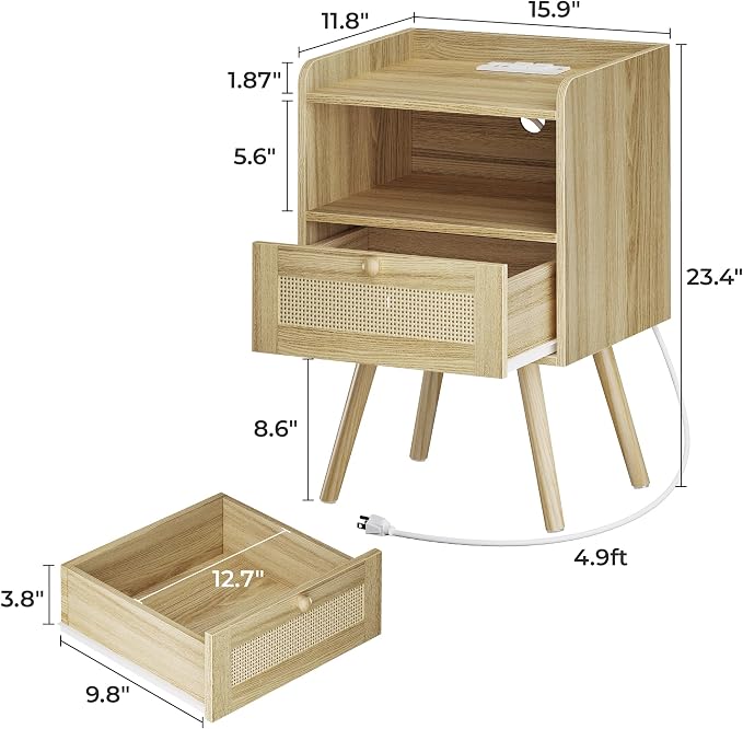 SUPERJARE Nightstand with Charging Station & Rattan-Like Decor Drawer, Rattan End Table with Solid Wood Feet, Bed Side Table with Open Storage, for Bedroom, Living Room, Dormitory - Natural - Image 3