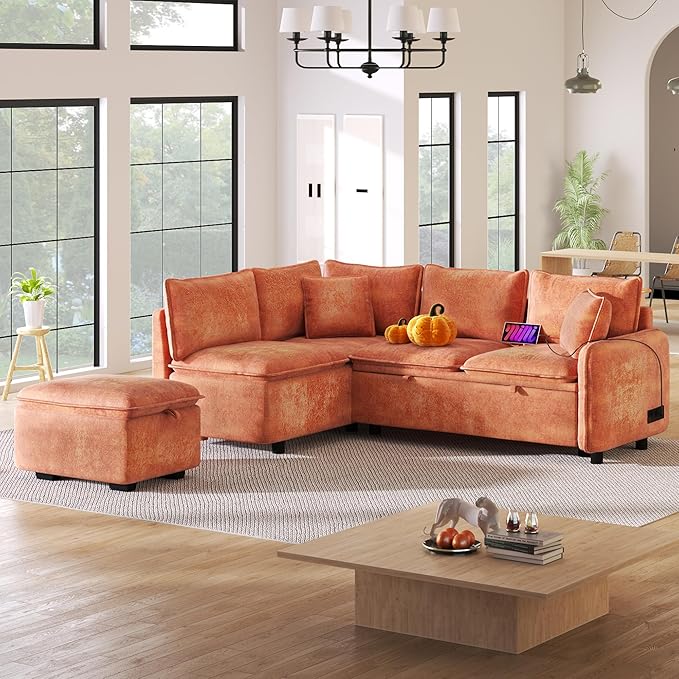 ERYE L-Shaped Corner Chenille Upholstered Sleeper Sectional Sofa Practical Convertible Sleep Sofabed W/Pull Out Sleep Couch Bed, Storage Ottoman and USB Charge Ports for Living Room