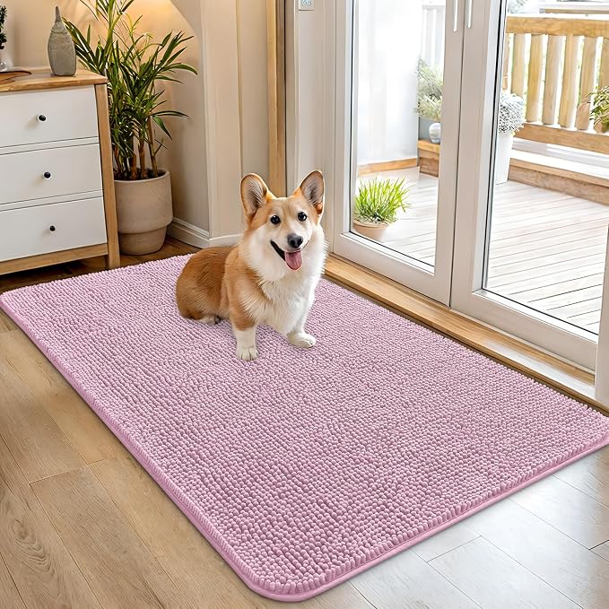 OLANLY Dog Door Mat for Muddy Paws 45x27, Absorbs Moisture and Dirt, Absorbent Non-Slip Washable Doormat, Quick Dry Chenille Mud Mat for Dogs, Entry Indoor Entryway Carpet for Inside Floor, Dusty Rose by OLANLY