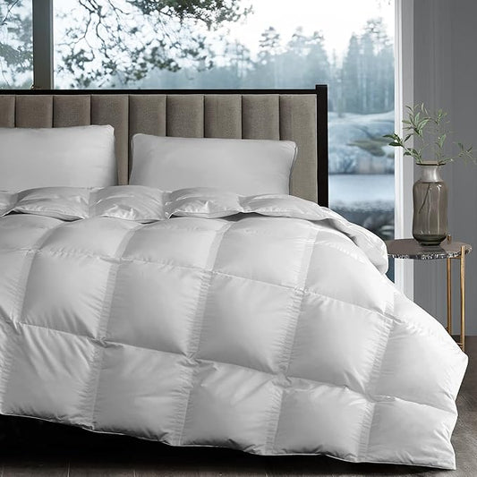 Hotel Grand White Goose Down Fiber Comforter Queen Size, Luxury Hotel Collection Comforter Duvet Insert Queen with Corner Loops, 2.5cm Breathable Panel for Summer and Hot Sleeper, 90'' x 90''