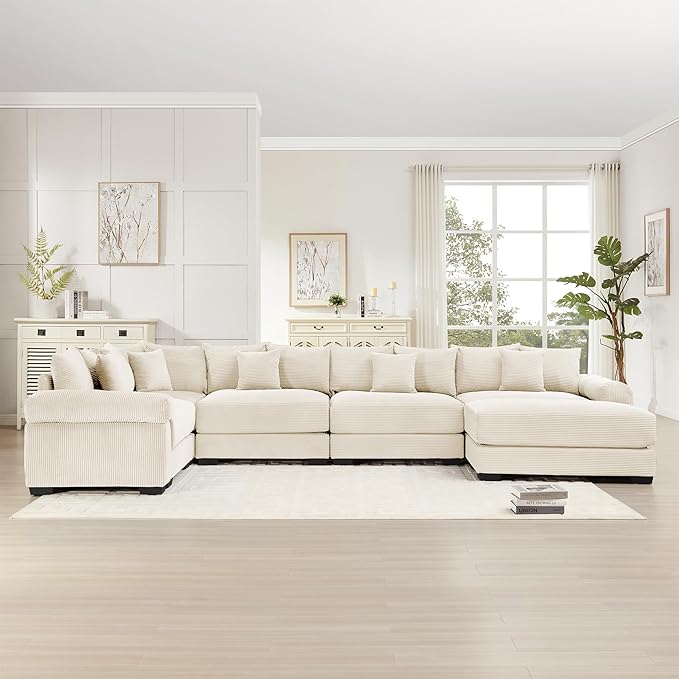 KEIKI 146" U-Shaped Oversized Corduroy Modular Cloud Sectional Sofa with 1 Ottoman, High-Density Foam Cushion, Extra-Thick Armrest, 5-Seater Fluffy Corner Couch with 18 Pillow, for Living Room, Beige
