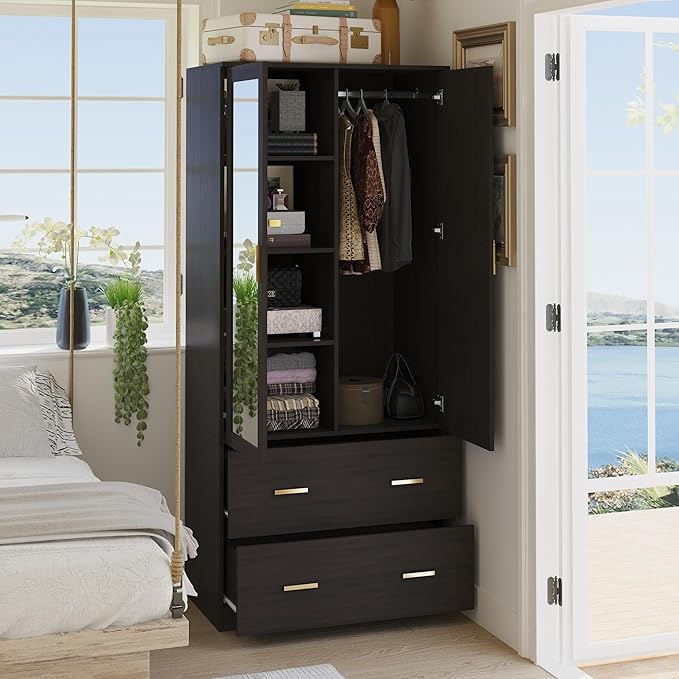 AIEGLE 2 Doors Wardrobe Armoire with Mirror, Mirrored Armoire Wardrobe Closet with 2 Drawers, Shelves & Hanging Rod, Bedroom Wooden Clothes Organizer, Dark Brown (31.5" W x 18.9" D x 72" H)