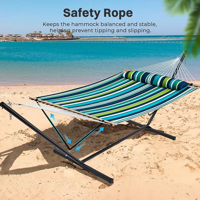 SUPERJARE Hammock with Stand, 2 Person Quilted Outdoor Hammock, Detachable Pillow & Bamboo Spreaders, Portable Hammock with Carrying Bag, Heavy Duty Stand, Perfect for Outside, Patio, Dark Cyan - Image 5