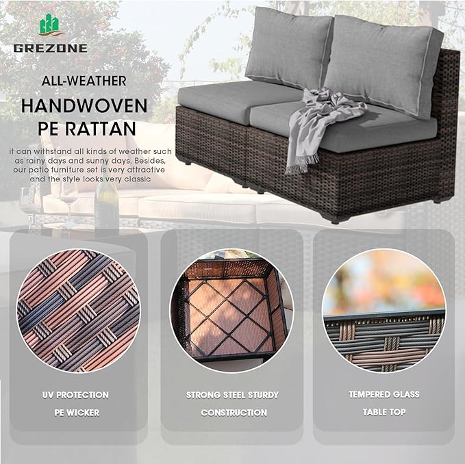 15 Piece Patio Furniture Set with 44" Fire Pit Table, Outdoor Sectional Couch, PE Rattan Patio Conversation Sets with 4inch Cushions for Backyard Grey
