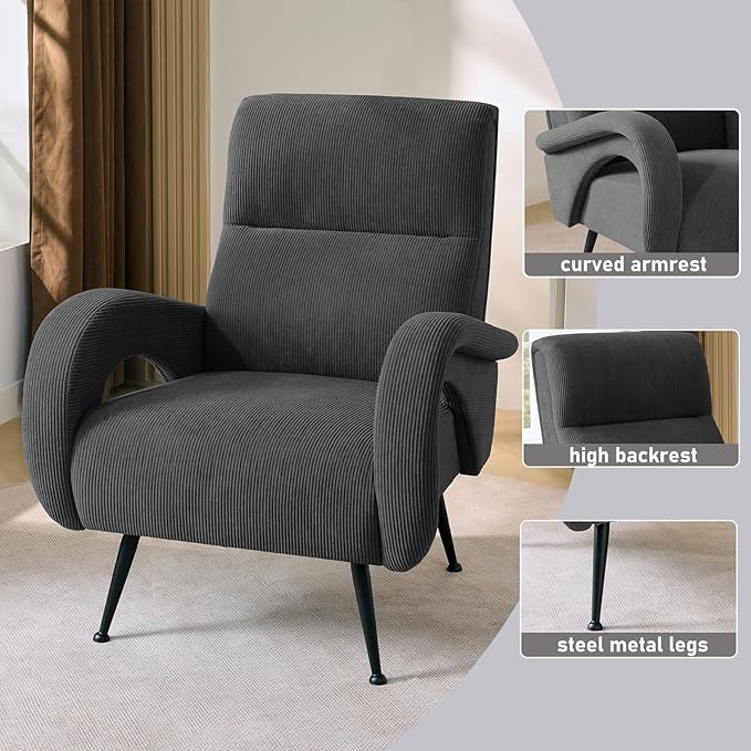Corduroy Living Room Accent Chairs, Comfy High Back Reading Chair with Curved Arms and Solid Legs, Upholstered Armchair for Bedroom, Reading Nook, Apartment, Dark Grey