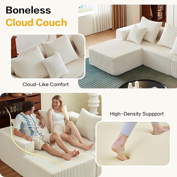 101 Inch Cloud Sectional Couch, Boneless Sofa for Living Room, Corduroy Modular Couch with L Shape Chaise, Modern Compressed Sofa in a Box, Memory Foam Filling (Beige)