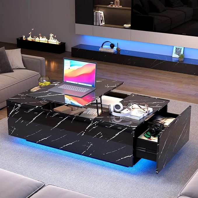 47" Modern LED Coffee Table with Lift Top, All Black Coffee Table with Storage High Gloss Surface, Hidden Storage with Drawer, Open Shelves, and Built-in Power Outlet for Living Room