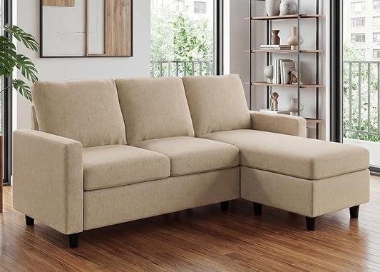HONBAY L Shaped Couch with Linen Fabric,Convertible, Reversible Sectional Sofa for Small Space, Dark Beige