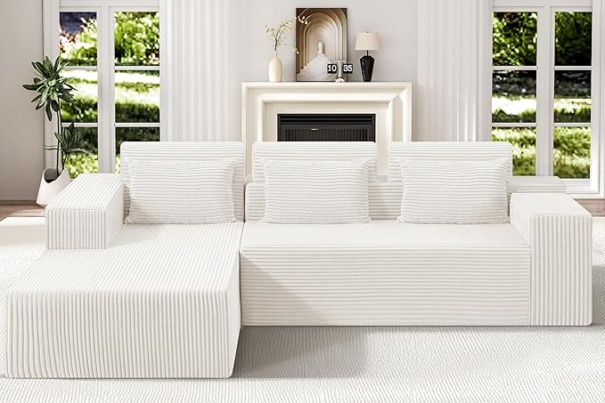 Homguava Modular Sectional Couches for Living Room,105" Cloud Couch with L-Shape Chaise,Comfy Sofa Living Room Sofas with Deep Seat,No Assembly L Couch,Corduroy Fabric(Beige,L)