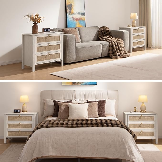 SICOTAS Nightstand Set of 2 with Drawers, Rattan Nightstands, Large Modern Boho Night Stand Wide Bedside Tables for Bedroom - Image 6