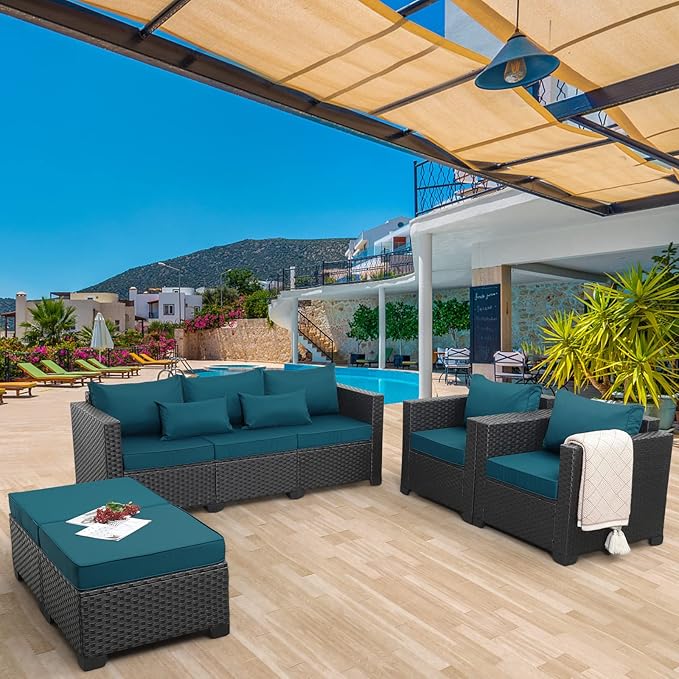 Rattaner Patio Furniture Set 5-Piece Outdoor Furniture Sets Wicker Patio Couch Chairs and Ottomans with Anti-slip Cushions and Waterproof Covers, Peacock Blue