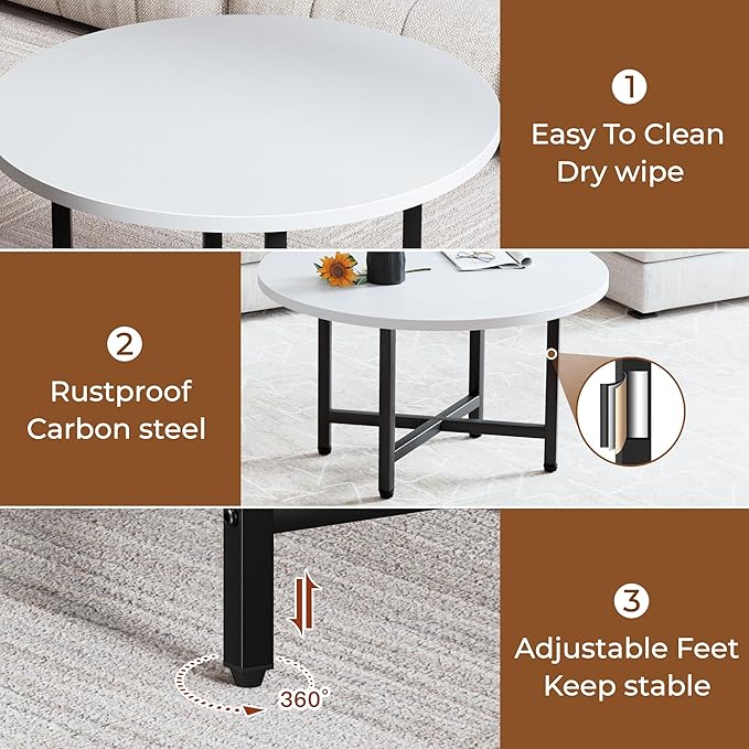 Coffee Table, 23.6" Small Coffee Tables, Gray Round Coffee Tables for Living Room, Floor Table for Sitting on The Floor, Center Coffee Table with Metal Frame for Office Apartment Home, White