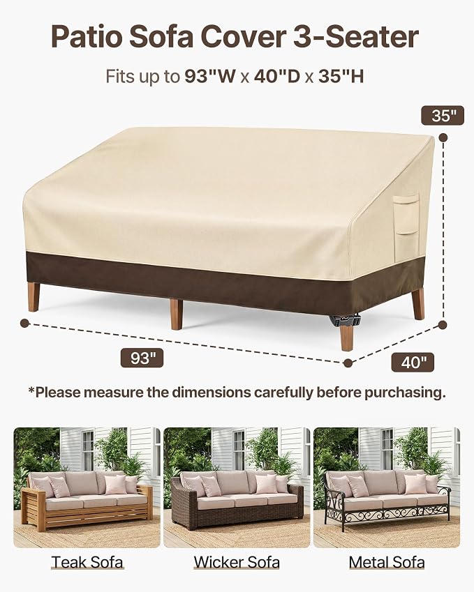 Vailge Heavy Duty Patio Sofa Cover, 100% Waterproof 3-Seater Outdoor Sofa Cover,Lawn Patio Furniture Covers with Air Vent and Handle,93" Wx 40" Dx 35" H,Beige&Brown - Image 2