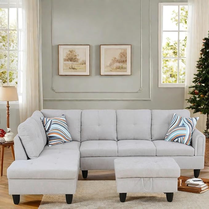 FONTOI L Shaped Sectional Couch with Otttoman, 97" Sectional Sofa for Living Room Flannel Modular Couches with Cup Holders for Bedroom, Apartments, Light Grey