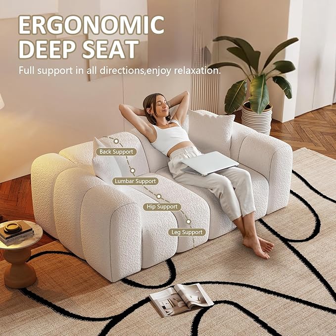 70" Modern Chenille Fabric Sofa Couch – One-Piece Memory Foam 3-Seater Sofa with Rounded Arms, Soft & Cozy Upholstery for Living Room (White)