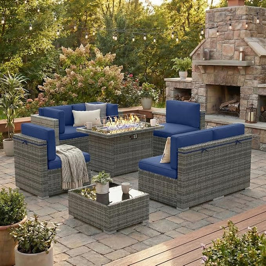 8 Pieces Patio Furniture Set with 44" Propane Gas Fire Pit Table, Outdoor Sectional Wicker Conversation Sofa Sets with Coffee Table