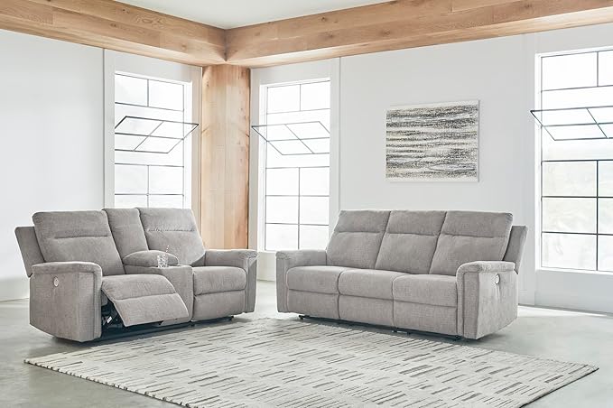 Signature Design by Ashley Barnsana Minimalist Power Reclining Sofa with USB Charging Ports, Light Gray