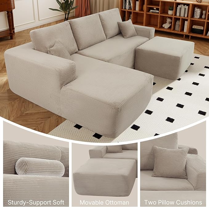 Rovibek 105” Modular Sectional Sofa with Chaise, Boneless Couches for Living Room with Deep Seat & Throw Pillow, Comfy Corduroy Fabric U Shaped Couch, No Assembly Required, Camel