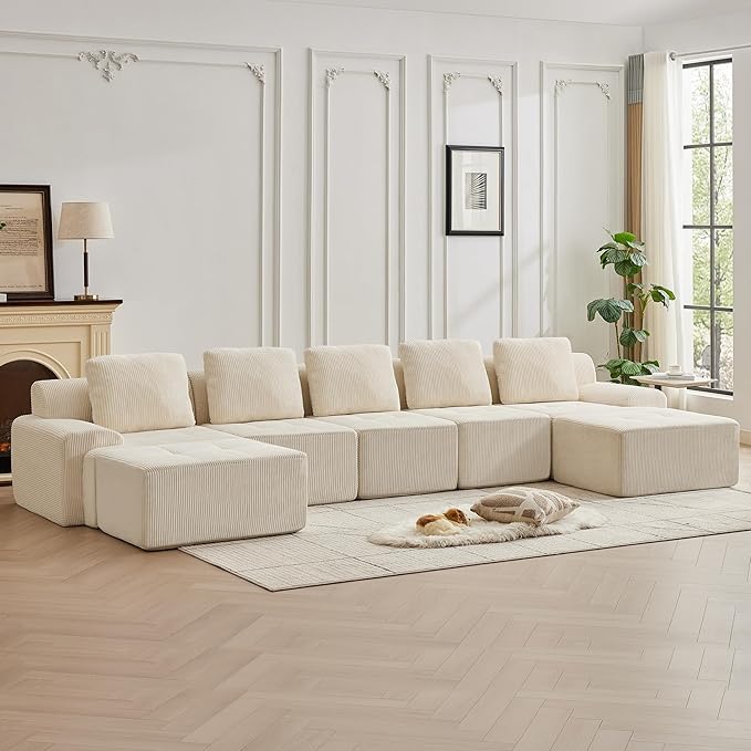 Modular Sectional Sofa with Movable Ottoman, 5 Seat Deep Seat Couch with 5 Pillows, Comfy Cloud Sectional Sofa for Living Room, Bedroom and Apartment (White, 1 Left+1 Right+3 Middle+2 Ottoman)