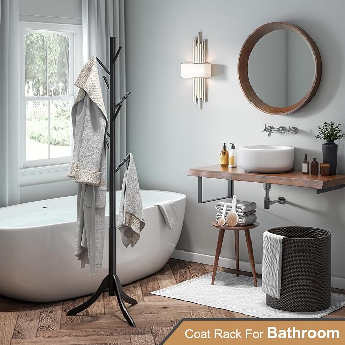 Coat Rack Freestanding, Coat Stands Entryway, Bamboo Coat Rack Hat Hanger 8 Hook for Jacket, Purse, Scarf Rack, Umbrella Tree Stand (Black) - Image 6