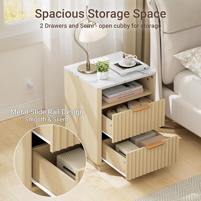 Fluted Nightstand, Night Stand Set 2, Nightstands Set of 2 with Charging Station and Faux Marble Top, 2 Drawers End Table w/Storage, Modern Bedside Table for Bedroom Living Room,Natural Oak - Image 6