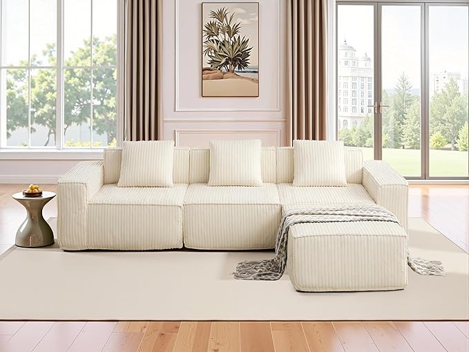 L-Shaped Corner Corduroy Sectional Sofa 4 Seat Modular Boneless Sofa Foam Cloud Couch with Movable Ottoman and Toss Pillows,Modern Deep Seat Convertible Chaise Sofa