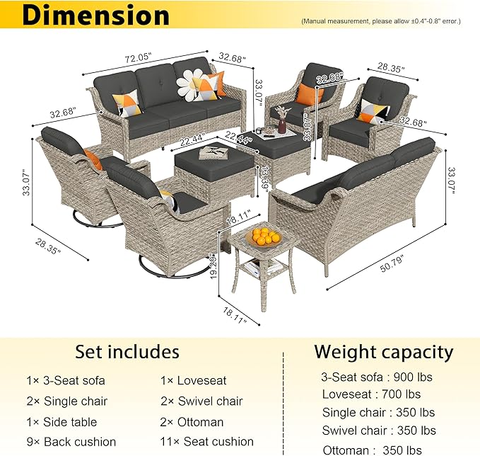 HOOOWOOO 9 Piece Patio Furniture Conversation Sets with Swivel Rocking Chairs,Outdoor Wicker Furniture with Ottoman,All Weather Resistant High Back Rattan Conversational Set(Black)