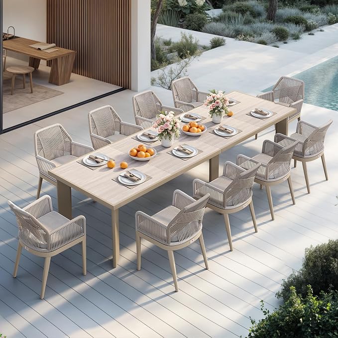 PURPLE LEAF 11 Pieces Patio Dining Set Aluminum Modern Rectangular Table and Rattan Arm Chairs with Cushions for Kitchen Porch Garden Outdoor Furniture Sets, Champagne by PURPLELEAF