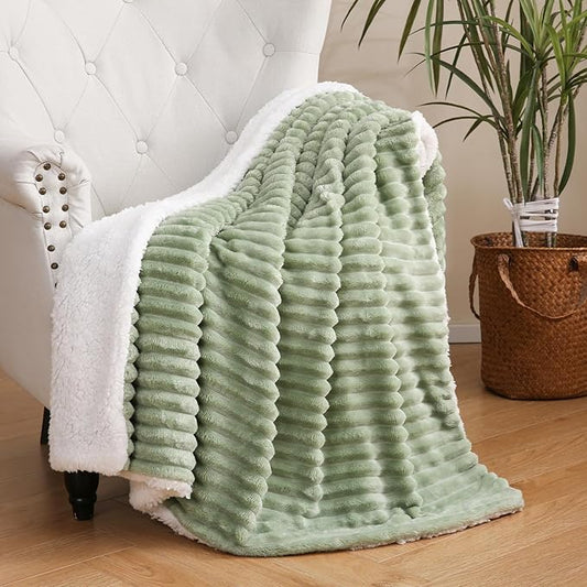 Sage Green Sherpa Fleece Throw Blanket 50”×60” for Couch Sofa Bed,Super Soft Cozy Plush Double Side Thick Flannel Blanket with Striped Design Lightweight for Adults,Woman,Girls