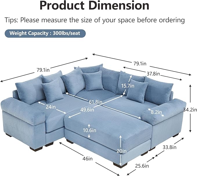 KEIKI 79" L-Shaped Oversized Corduroy Modular Cloud Sectional Sofa with 1 Ottoman, High-Density Foam Cushion, Extra-Thick Armrest, 3-Seater Fluffy Corner Couch with 10 Pillow, for Living Room, Blue