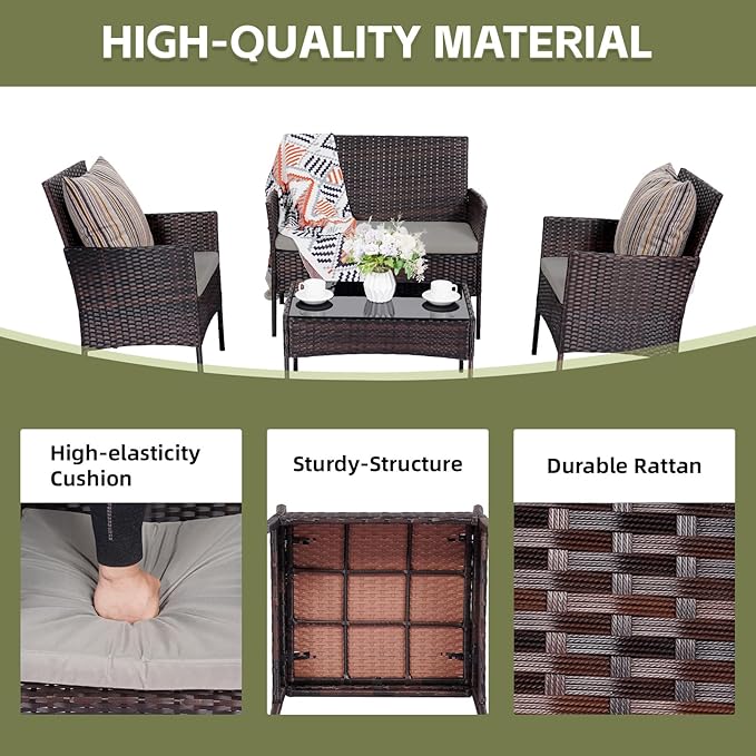 Patio Furniture Set 4 Pieces, Outdoor Rattan Furniture with Tempered Glass Coffee Table, Modern Rattan Patio Chairs Conversation Sets with Sofa for Garden, Terrace, Porch, Lawns Brown/Grey