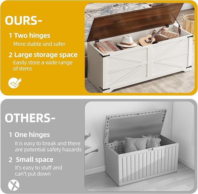 DWVO Storage Bench, 47.2" Farmhouse Storage Chest with 2 Safety Hinges, Wooden Utility Organizer, Shoe Bench for Entryway, Bedroom, Living Room, White and Walnut - Image 4