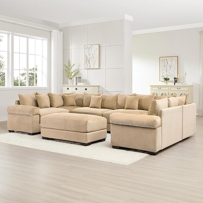 KEIKI 138" U-Shaped Oversized Corduroy Modular Cloud Sectional Sofa with 1 Ottoman, High-Density Foam Cushion, Extra-Thick Armrest, 6-Seater Fluffy Corner Couch with 20 Pillow, for Living Room, Camel