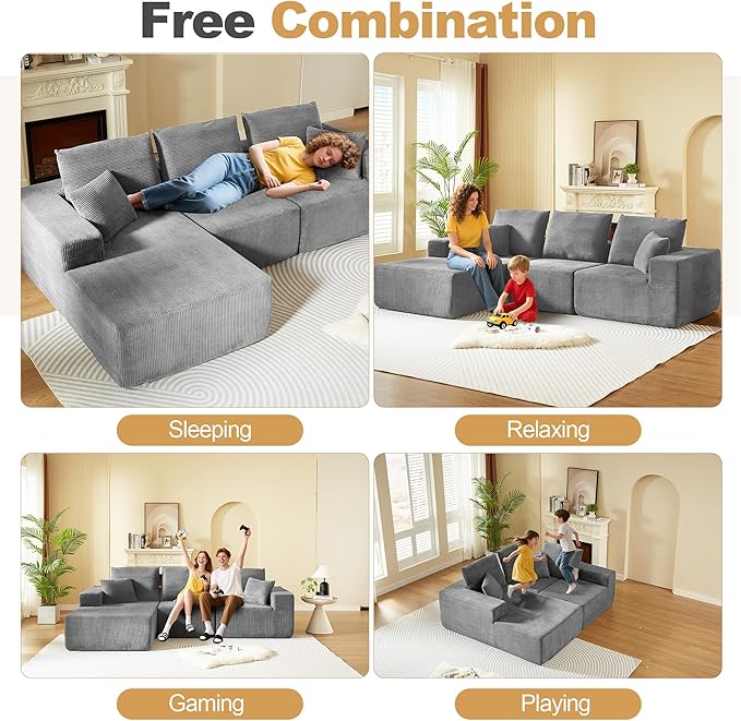 109.4" Oversized Modular Sectional Sofa with Chaise, Convertible L Shaped Cloud Couch with Deep Seat, 35D Full Foam Compressed Boneless Couches for Living Room, Bedroom, Office, No Assembly Required