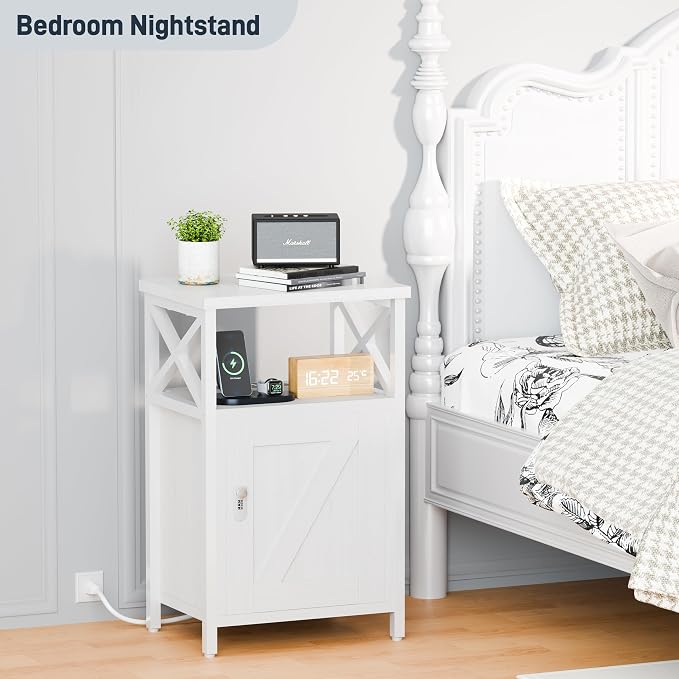 runjuly Wooden Nightstand with Lock, Bed Side Table with Drawers, Bedside Table with Charging Station, 3 USB & 2 Outlets, Night Stand with Storage, End Tables for Bedroom, Dorm, White - Image 4