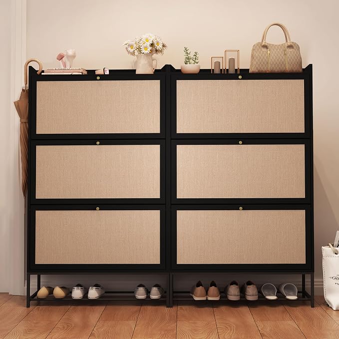 AVZEAR Shoe Cabinet, Shoe Cabinet Freestanding Tipping Bucket Shoe Rack Organizer with 3 Flip Drawers, Modern Entryway Narrow Shoe Rack for Entryway, Hallway, Bedroom (Black) - Image 8