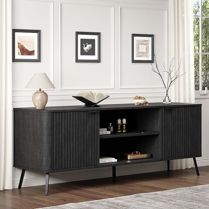Fatmok TV Stand, 58" Modern Media TV Console Table with Storage for 55/60/65 inch TV, Mid Century Entertainment Center with Fluted Door Cabinets and Open Shelves TV Cabinet for Living Room, Bedroom - Image 3