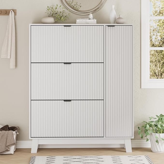 Xixini Shoe Cabinet with 3 Flip Drawers, 54" Tall Narrow Fluted Shoe Storage Organizer for Entryway, Hidden Wooden Shoe Rack with Adjustable Side Cabinet for Front Door Entrance, Hallway, Solid White - Image 7