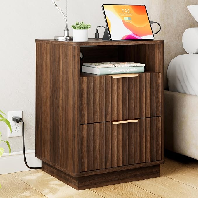 Fluted Nightstand, Walnut Night Stand, 2 Drawers Nightstand with Charging Station, Wooden End Table with Storage, Modern Bedside Table for Bedroom Sofa Home Office, Curved Corners Design by FavourLife