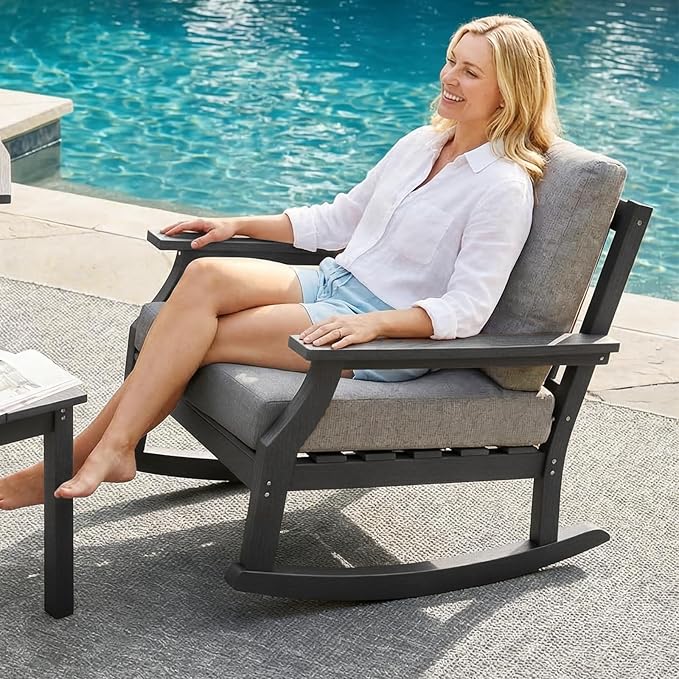 HDPE Patio Conversation Set, 3-Piece All Weather Outdoor Furniture Set with 2 Rocking Sofas for Deck, Lawn, with Cushion, Black