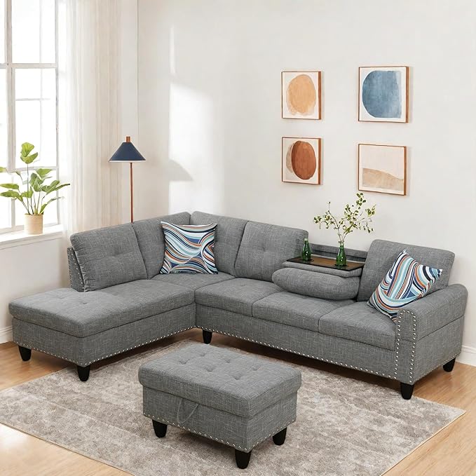 Sectional Couches for Living Room Furniture, 4 Seat L Shaped Couches with Ottoman, Modular Sectional Sofa for Apartment Furniture Sets, Grey