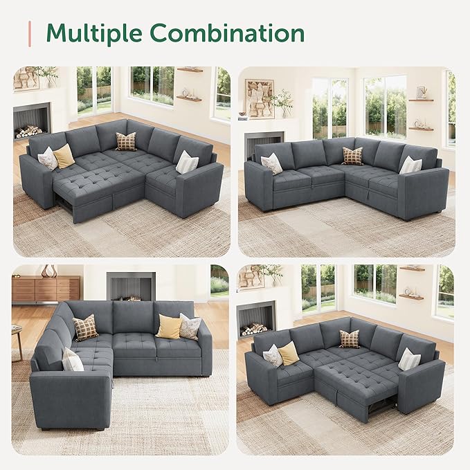 HONBAY Modular Sectional Sofa with Pull Out Bed Convertible L Shaped Couch with Storage Seat Sleeper Sectional Couches for Living Room,Warm Bluish Grey