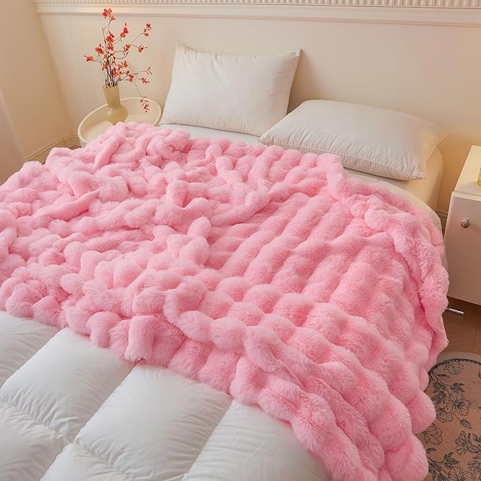 LIFEREVO Luxury Fluffy Faux Rabbit Fur Throw, Plush Fuzzy Bubble Waffle Blanket for Couch Sofa, Soft Cute Furry Blanket Home Decoration, Shaggy Lap Throw for Bedroom Living Room Office, 50x60, Pink