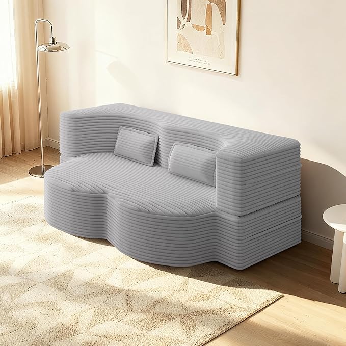 78" Convertible Sofa Bed, 2-in-1 Folding Floor Couch with 2 Pillows, Sleeper Sofa for Living Room and Bedroom, No Assembly Required (Light Grey, Corduroy Fabric)
