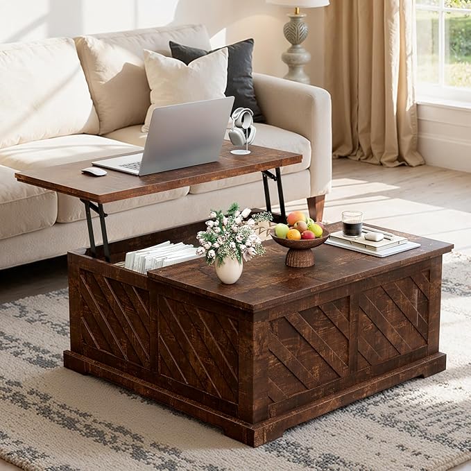 Amada Lift Top Coffee Table with Storage, Smooth Lifting Center Table with Hidden Compartment, Diagonal Pattern Wood Coffee Table for Living Room and Home Office, Rustic Brown