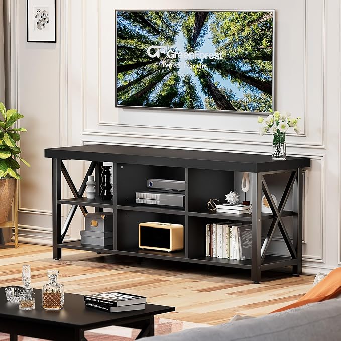 GreenForest TV Stand for TV up to 65 inches, Entertainment Center with 6 Storage Cabinet for Living Room, 55 inch Farmhouse Television Stands Console Table, Industrial TV stands for Living Room, Black - Image 6