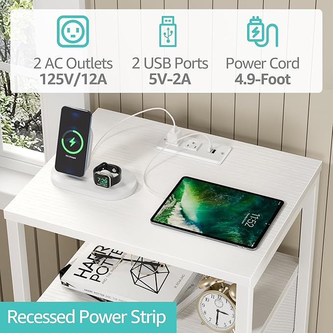 BOLUO White Dresser with 5 Drawers Tall Nightstand with Charging Station and LED Light, Bedside Table Room Storage Drawers Closet - Image 7