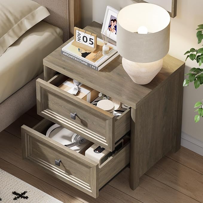 Grey Nightstand Rustic Wood Night Stand for Bedroom Living Room Sofa Couch, Farmhouse Nightstand with 2 Drawers, 22.8” Wide Large Bed Side Table, Bedside End Table with Metal Knob, Gray Color - Image 2
