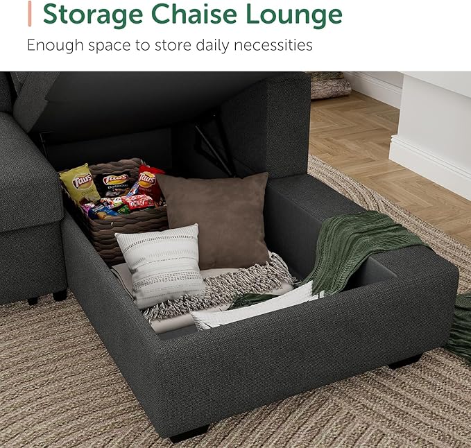 HONBAY Sectional Sleeper Sofa Pull Out Bed with Storage Chaise, Sleeper Sectional Sofa Couch, Sectional Sleeper Bed for Living Room, Dark Grey